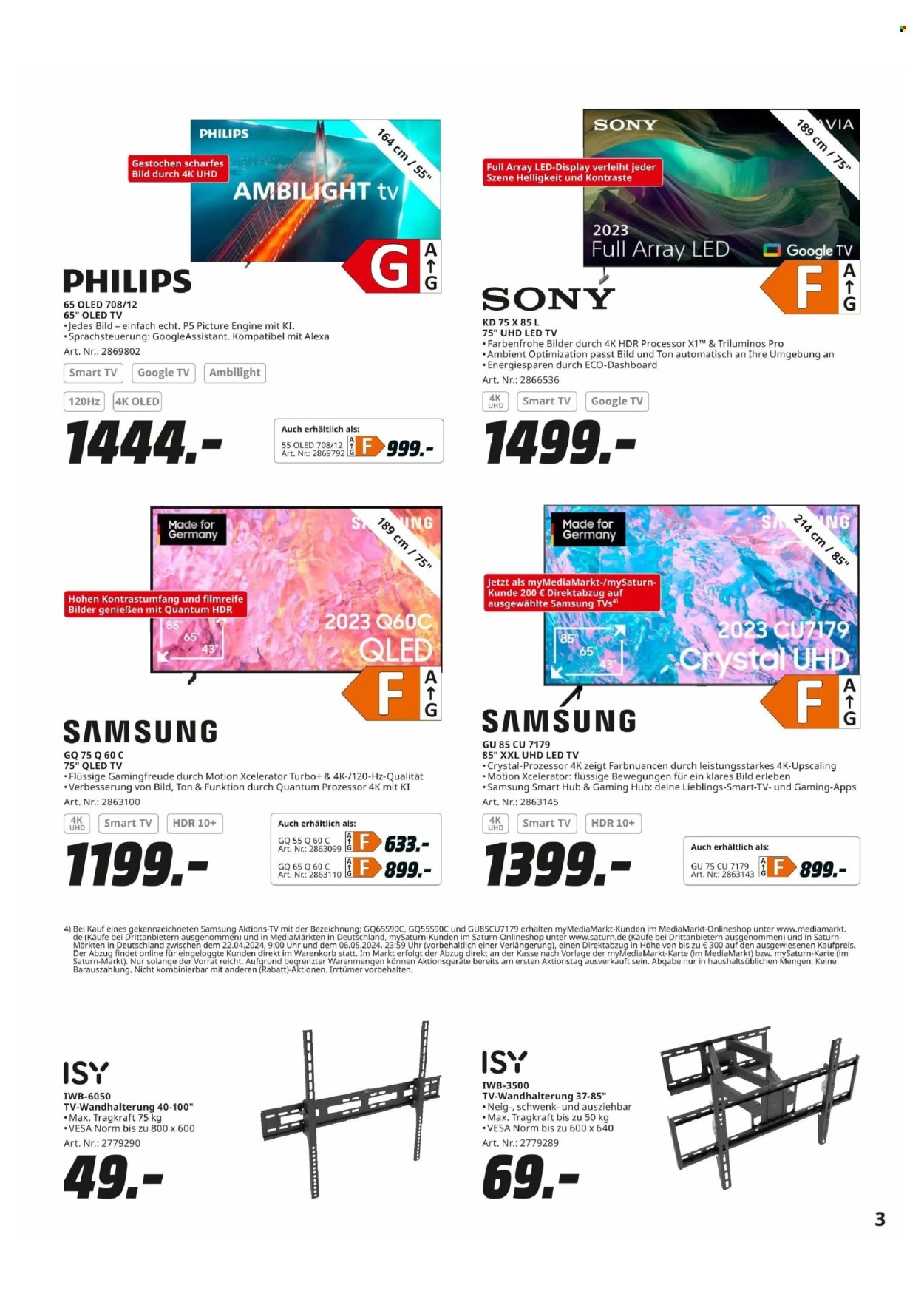 thumbnail - Prospekte MediaMarkt - 22.04.2024 - 6.05.2024 - Produkte in Aktion - Philips, Samsung, Sony, LED TV, Oled-TV, Smart TV, Fernseher, TV-Wandhalterung. Seite 3.