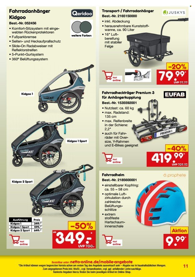 thumbnail - Prospekte Netto Marken-Discount - 25.04.2024 - 31.07.2024 - Produkte in Aktion - Fahrradanhänger, Fahrradhelm, Prophete, Fahrradheckträger. Seite 11.
