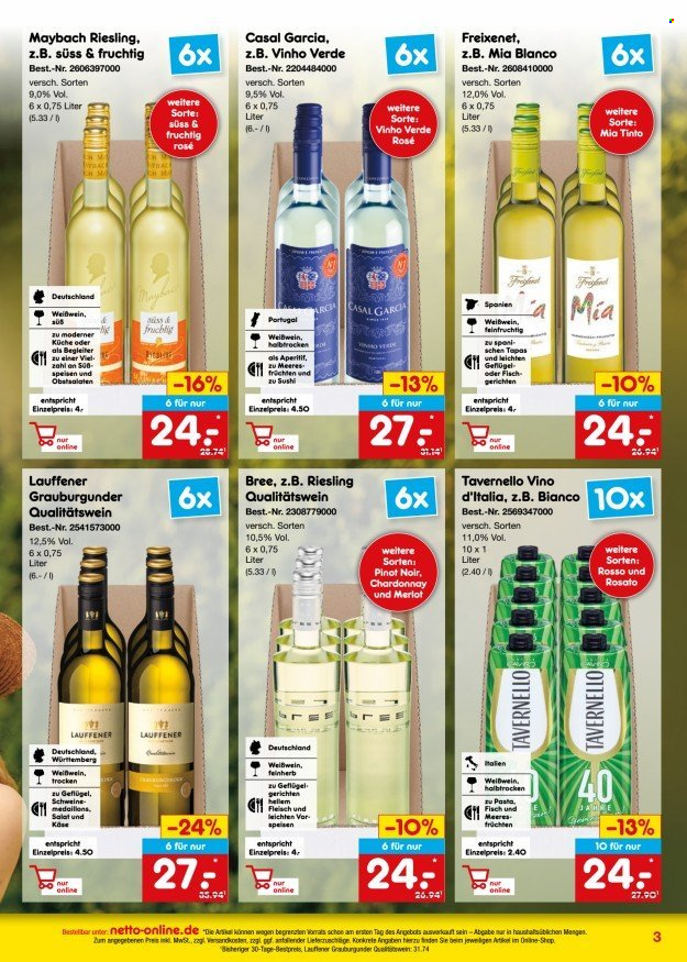 thumbnail - Prospekte Netto Marken-Discount - 1.05.2024 - 31.05.2024 - Produkte in Aktion - Alkohol, Wein, Grauburgunder, Riesling, Weißwein, Maybach, Freixenet, Vinho Verde, Bree, Tavernello. Seite 3.
