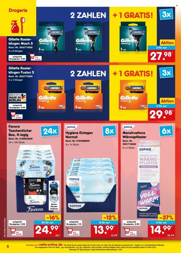 thumbnail - Prospekte Netto Marken-Discount - 1.05.2024 - 31.05.2024 - Produkte in Aktion - Wärmepflaster, Gillette, Rasierklingen, Mach3, Taschentücher. Seite 6.