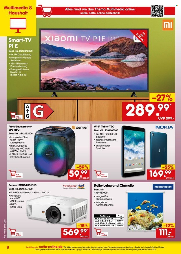 thumbnail - Prospekte Netto Marken-Discount - 1.05.2024 - 31.05.2024 - Produkte in Aktion - Leinwand, Lautsprecher, Nokia, Tablet, Projektor. Seite 8.