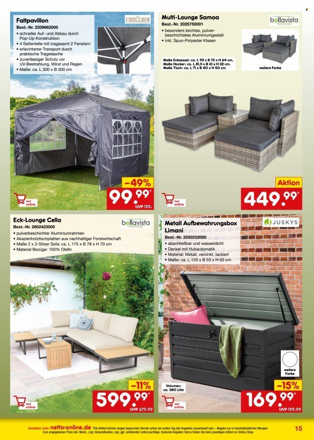 thumbnail - Prospekte Netto Marken-Discount - 1.05.2024 - 31.05.2024 - Produkte in Aktion - Aufbewahrungsbox, Gartenlounge, Faltpavillon. Seite 15.
