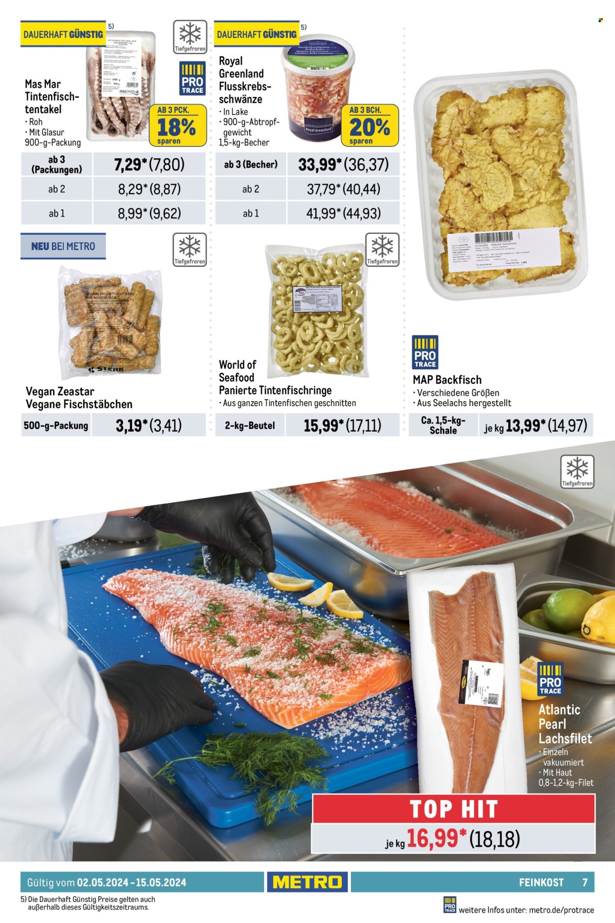 thumbnail - Prospekte Metro - 2.05.2024 - 15.05.2024 - Produkte in Aktion - Lachs, Kabeljaufilet, Tintenfischringe, Vegane Fisch, Tintenfisch, Seelachs, Ofen-Backfisch, Top. Seite 7.