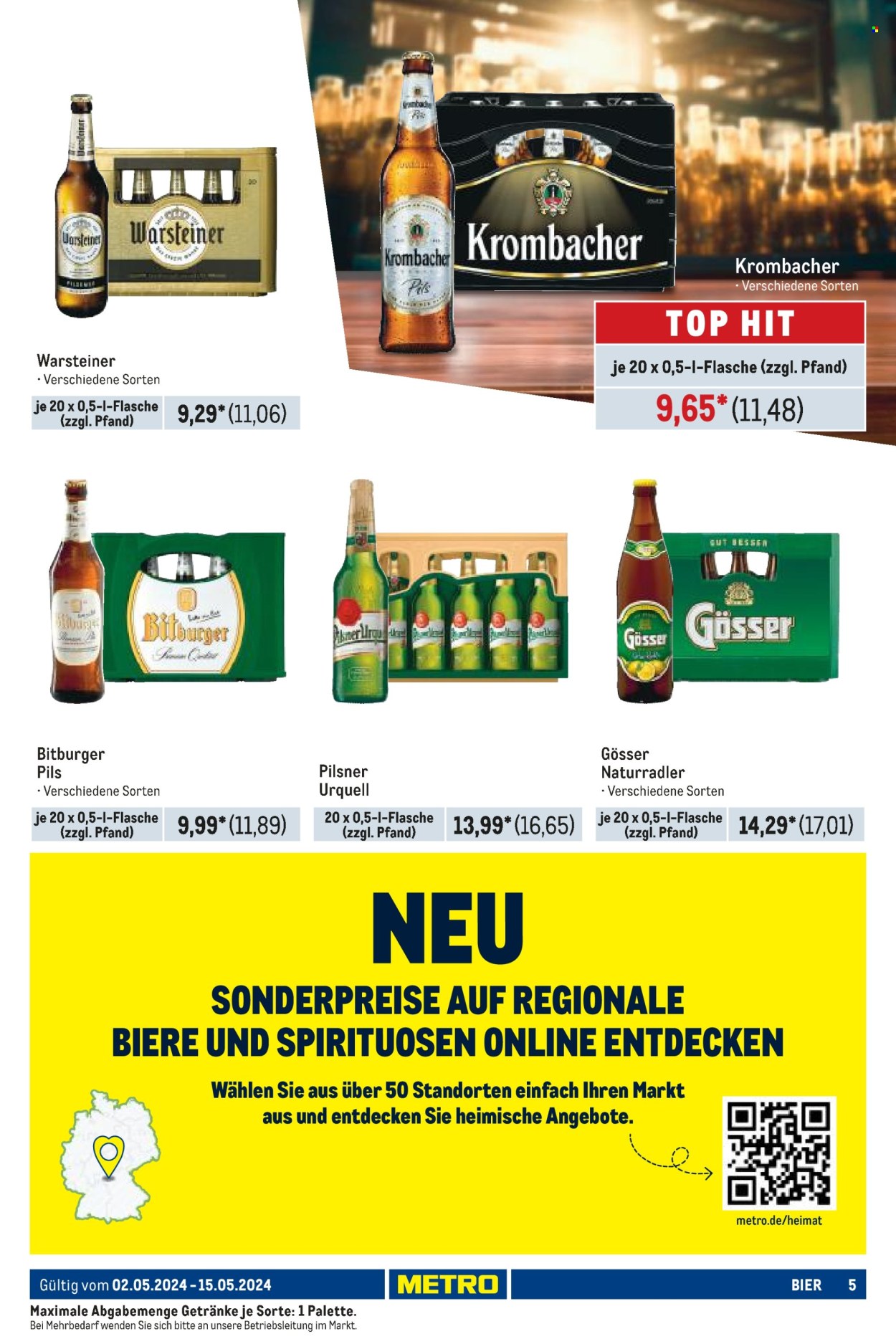 thumbnail - Prospekte Metro - 2.05.2024 - 15.05.2024 - Produkte in Aktion - Bitburger, Krombacher, Warsteiner, Pils, Pilsner Urquell, Gösser, Bier, Alkohol, Radler, Top. Seite 5.