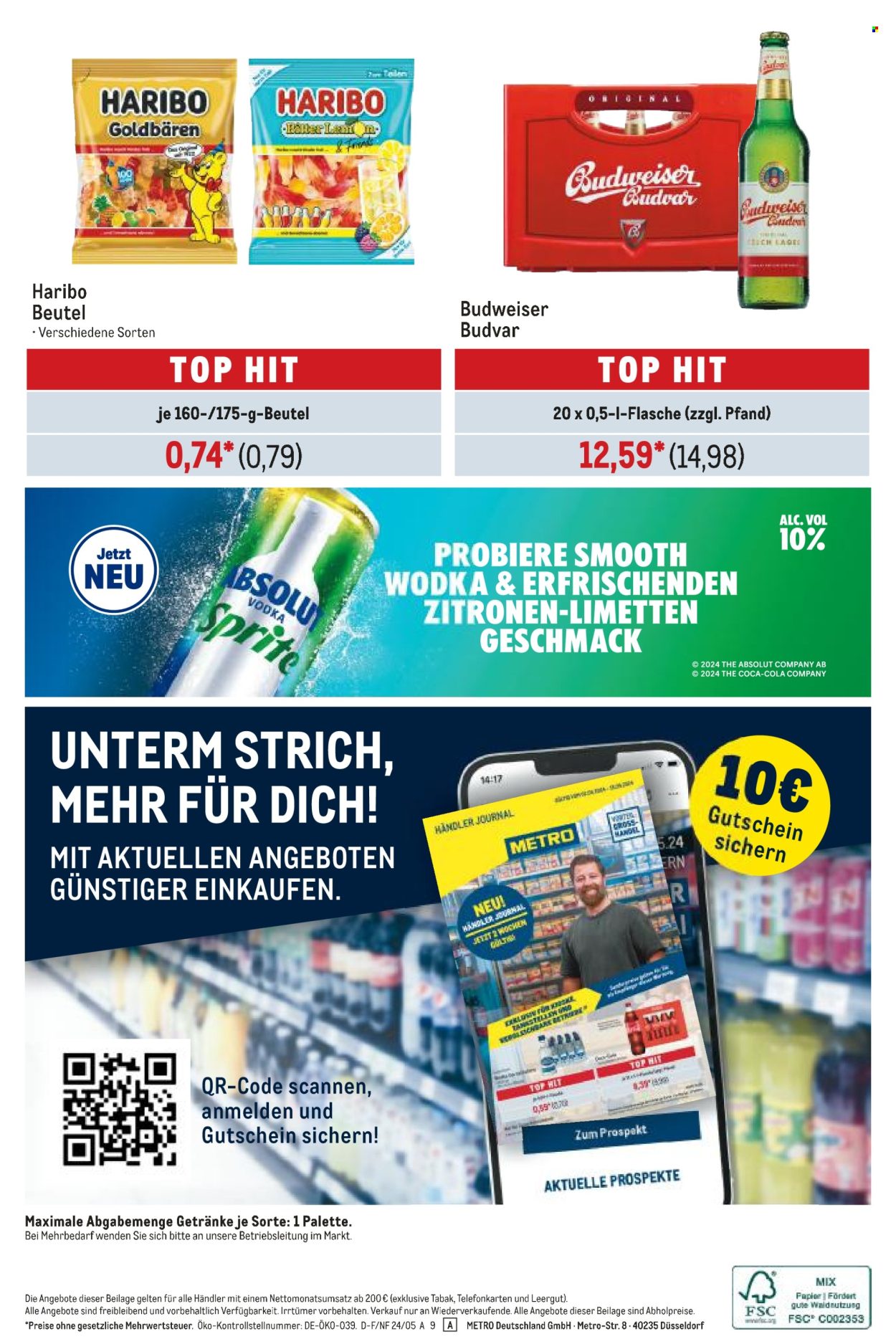 thumbnail - Prospekte Metro - 2.05.2024 - 15.05.2024 - Produkte in Aktion - Bier, Budweiser, Alkohol, Haribo, Bonbons, Beilage, Top. Seite 20.