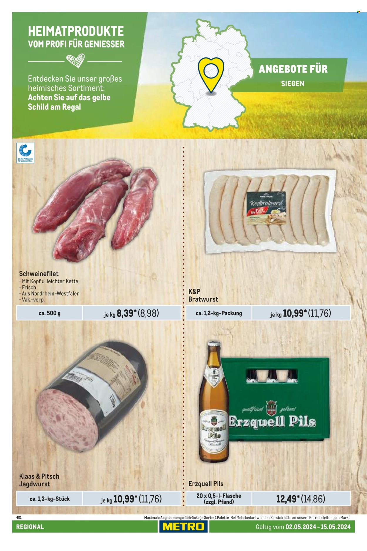 thumbnail - Prospekte Metro - 2.05.2024 - 15.05.2024 - Produkte in Aktion - Pils, Bier, Alkohol, Schweinefleisch, Schweinefilet, Jagdwurst, Bratwurst, Regal, Kette. Seite 8.