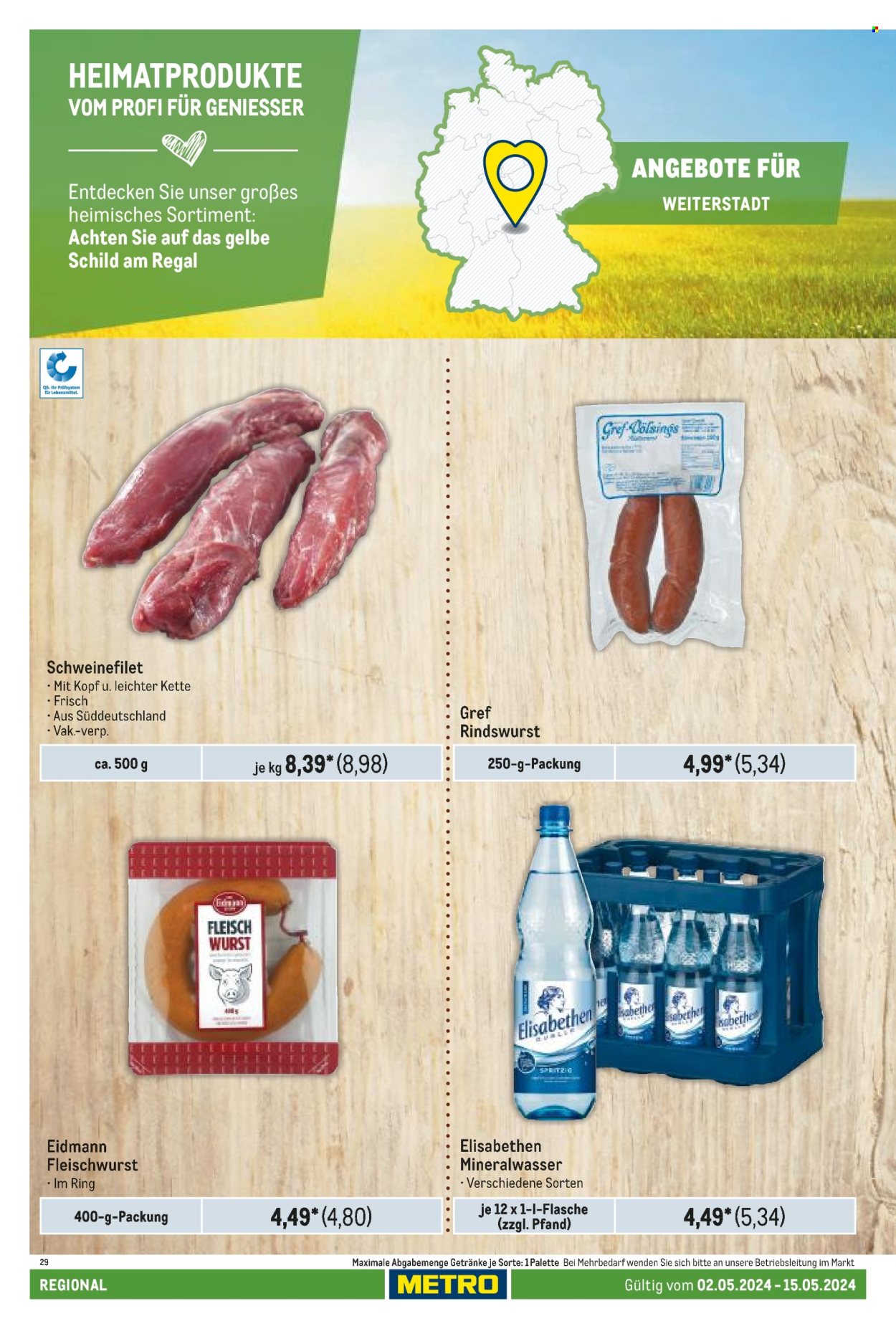thumbnail - Prospekte Metro - 2.05.2024 - 15.05.2024 - Produkte in Aktion - Schweinefleisch, Schweinefilet, Wurst, Fleischwurst, Rindswurst, Mineralwasser, Regal, Kette. Seite 36.