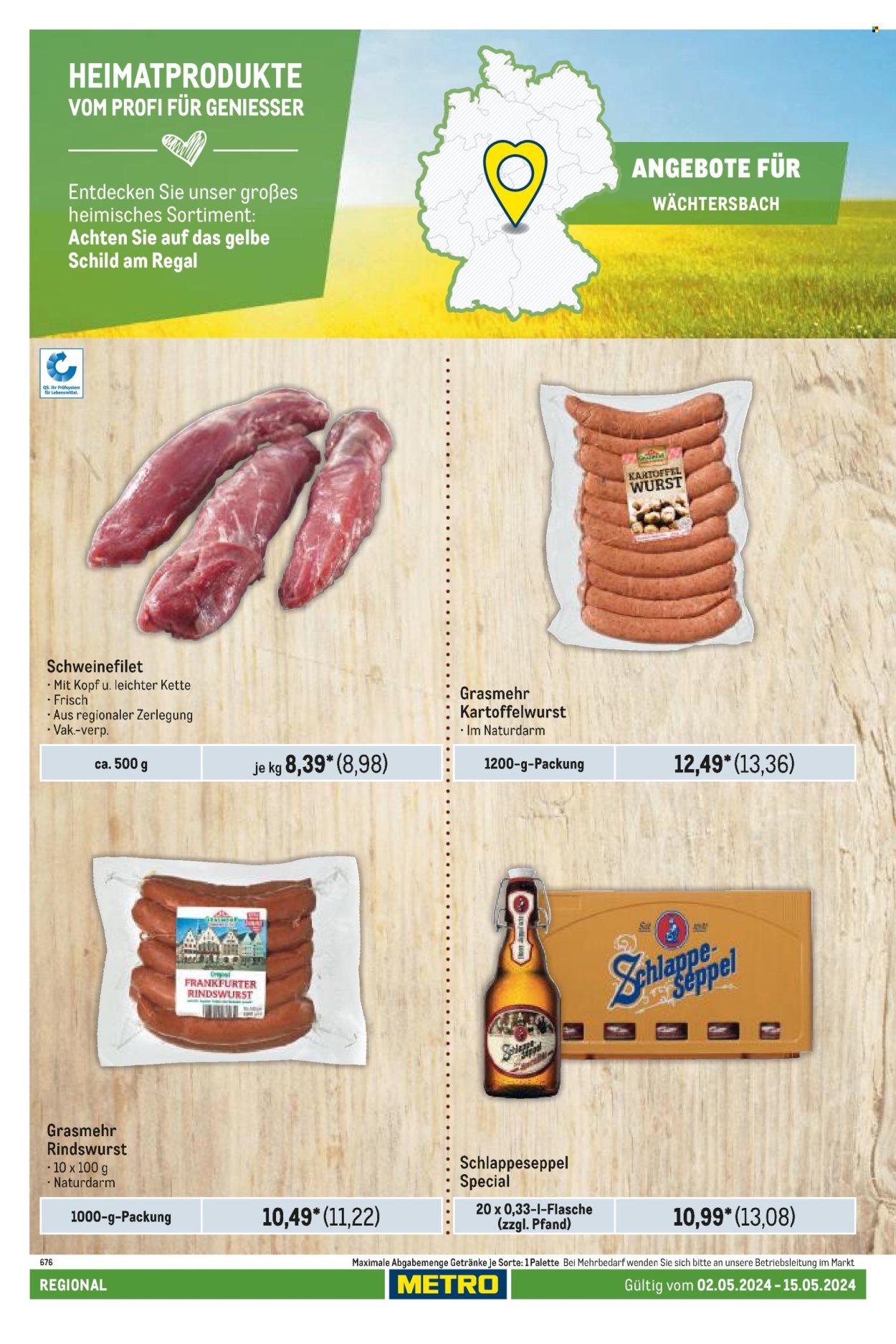 thumbnail - Prospekte Metro - 2.05.2024 - 15.05.2024 - Produkte in Aktion - Bier, Alkohol, Schlappeseppel, Schweinefleisch, Schweinefilet, Wurst, Frankfurter, Rindswurst, Regal, Kette. Seite 60.