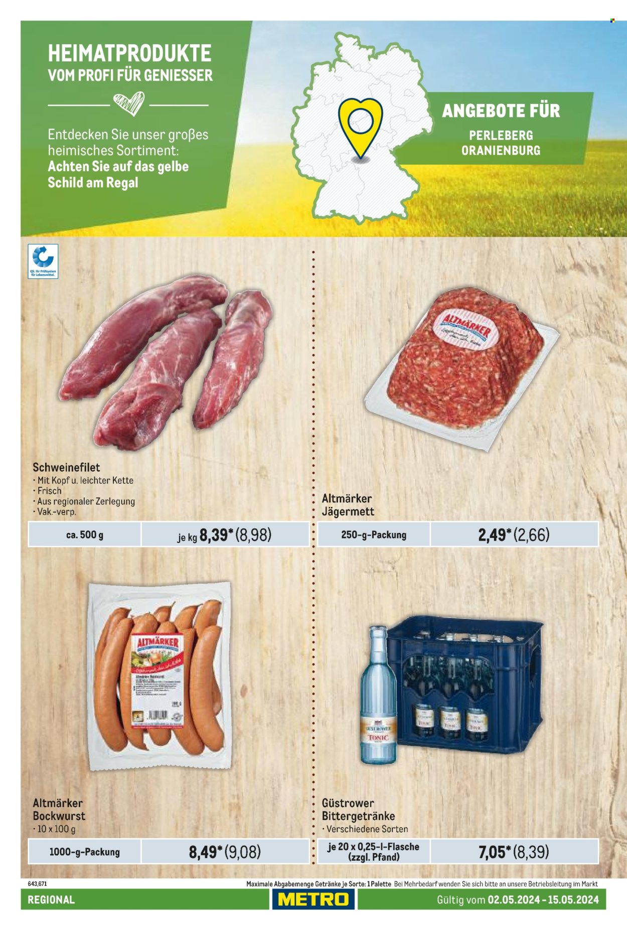 thumbnail - Prospekte Metro - 2.05.2024 - 15.05.2024 - Produkte in Aktion - Schweinefleisch, Schweinefilet, Bockwurst, Tonic, Regal, Kette. Seite 80.