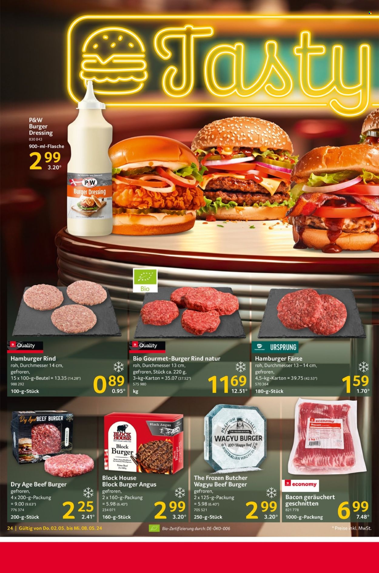 thumbnail - Prospekte Selgros - 2.05.2024 - 8.05.2024 - Produkte in Aktion - Rindfleisch, Rindfleischburger, Burger, Bacon, Dressing. Seite 24.