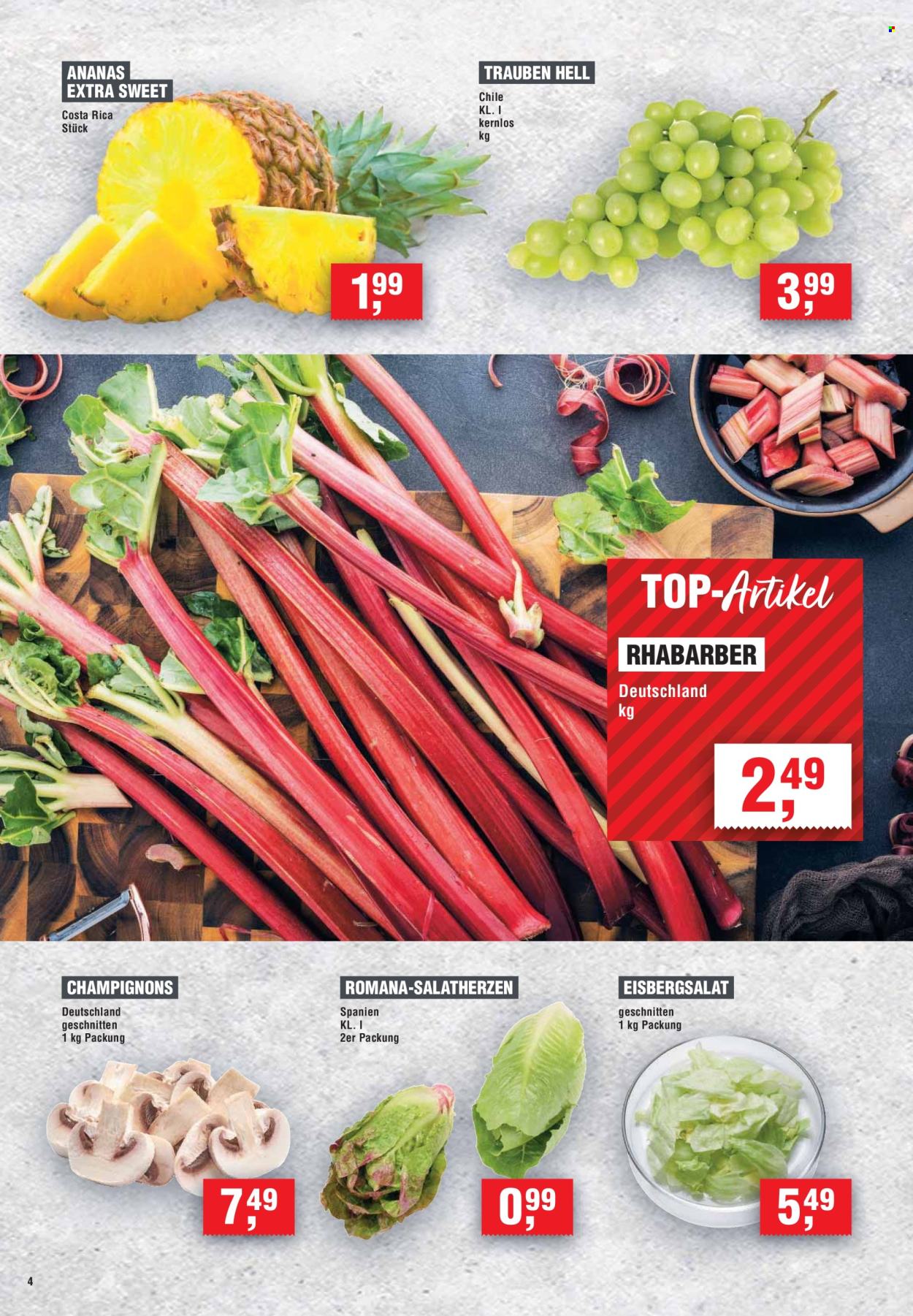 thumbnail - Prospekte Handelshof - 2.05.2024 - 8.05.2024 - Produkte in Aktion - Salat, Eisbergsalat, Rhabarber, Trauben, Ananas, Champignons, Top. Seite 4.