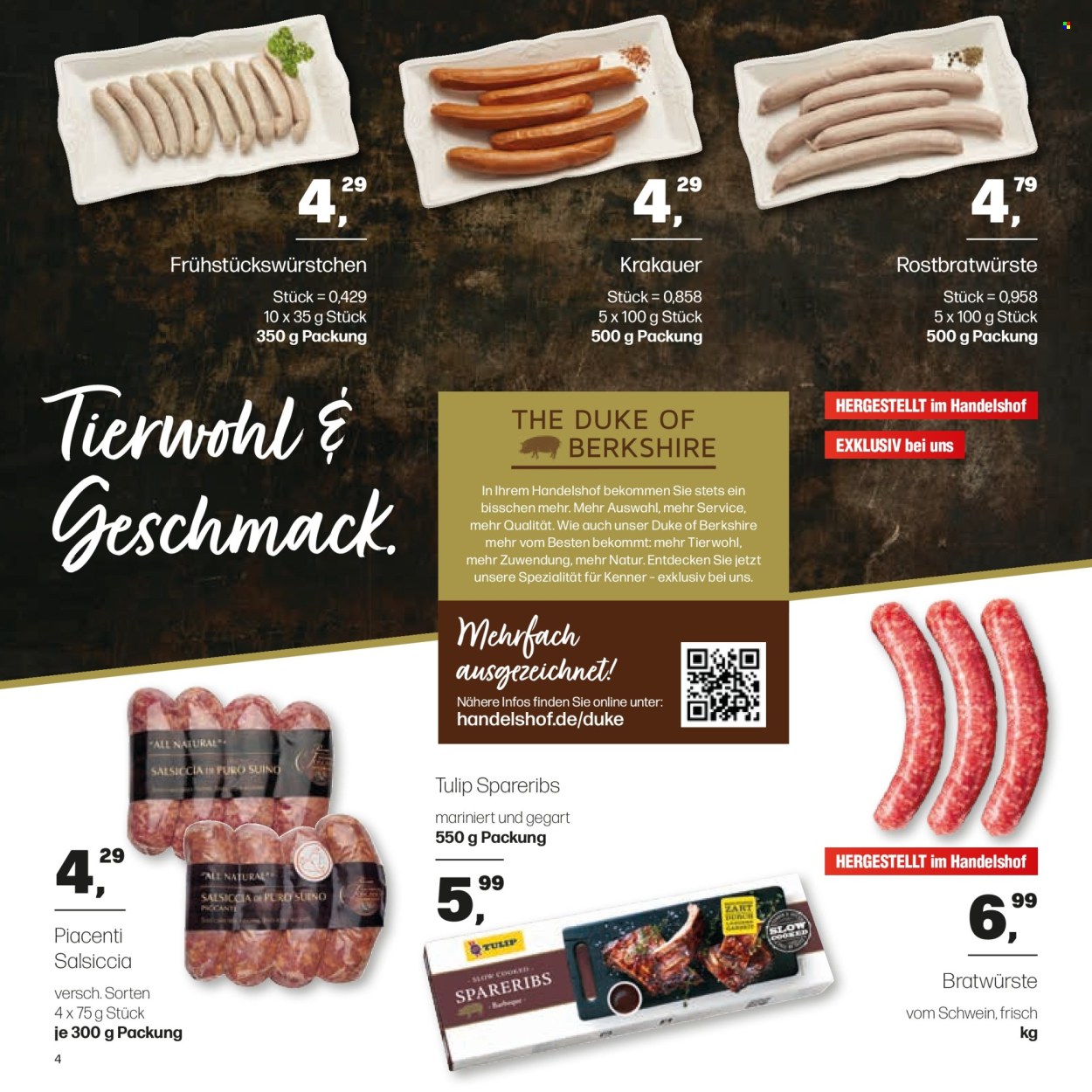 thumbnail - Prospekte Handelshof - 2.05.2024 - 15.05.2024 - Produkte in Aktion - mariniertes Fleisch, Rippen, Schweinerippen, Krakauer, Tulip, Bratwurst, Rostbratwurst, Salsiccia. Seite 4.