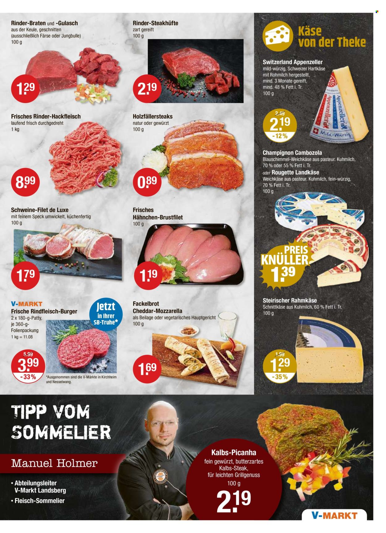 thumbnail - Prospekte V-Markt - 2.05.2024 - 8.05.2024 - Produkte in Aktion - Steak, Hähnchenbrustfilet, Brustfilet, Hähnchenfleisch, Rinderbraten, Rinderkeule, Rindfleisch, Hüftsteak, Rinderhackfleisch, Gulasch, Hackfleisch, Burger, Schweinefleisch, Schweinefilet, Brot, Speck, Käse, Weichkäse, Schnittkäse, Rougette, Cheddar, Mozzarella, Hartkäse, Cambozola, Appenzeller. Seite 3.