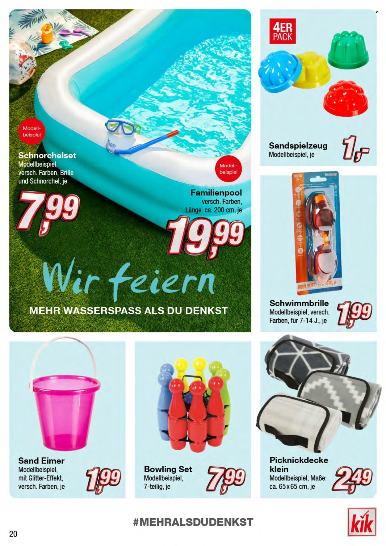 thumbnail - Prospekte Kik - Produkte in Aktion - Eimer, Brille, Schwimmbrille, Sandspielzeug, Bestway. Seite 20.