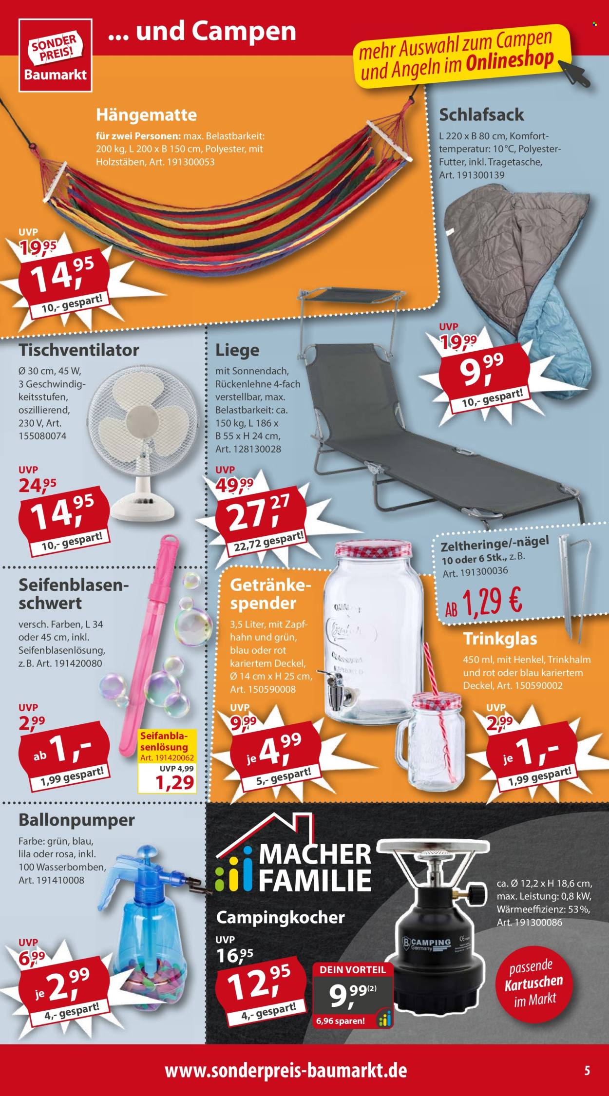 thumbnail - Prospekte Sonderpreis-Baumarkt - 4.05.2024 - 10.05.2024 - Produkte in Aktion - Deckel, Trinkglas, Getränkespender, Trinkhalm, Liege, Schlafsack, Kocher, Campingkocher, Hängematte. Seite 5.
