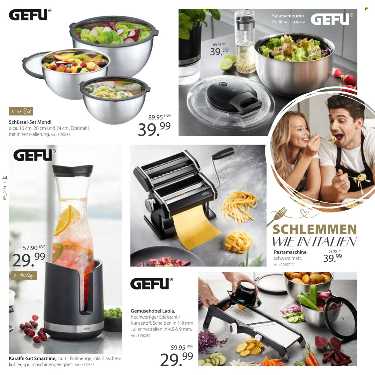 thumbnail - Prospekte Zurbrüggen - 30.04.2024 - 31.08.2024 - Produkte in Aktion - Schüssel, Gemüsehobel, Karaffe, Salatschleuder, Pasta Maker. Seite 44.