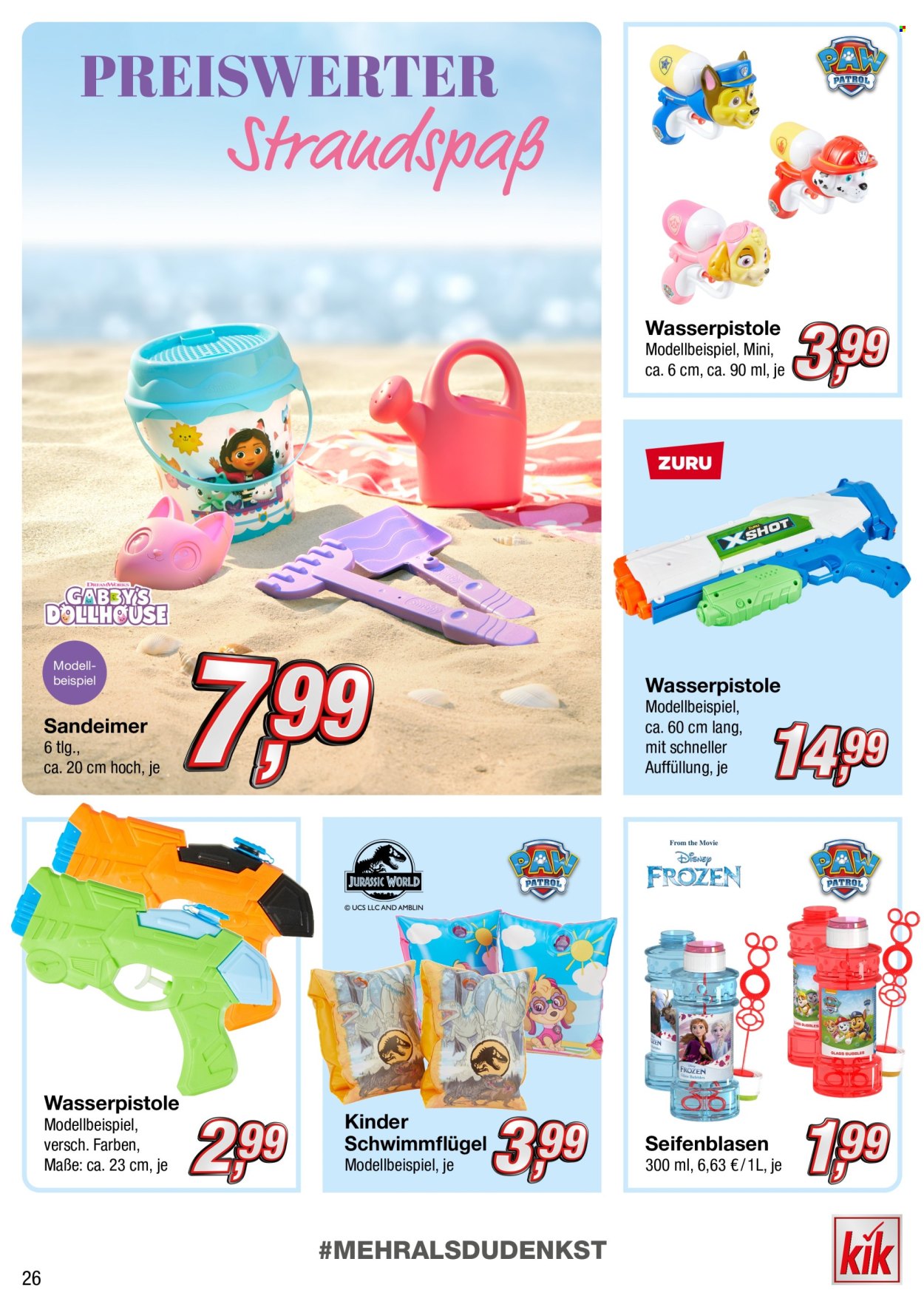 thumbnail - Prospekte Kik - Produkte in Aktion - Jurassic World, Disney, Wasserspielzeug, Schwimmflügel, Wasserpistole, Seifenblasenset. Seite 26.