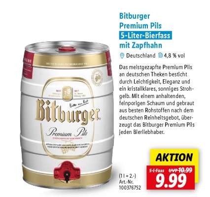 Bitburger Premium Pils 5 Liter Bierfass mit Zapfhahn