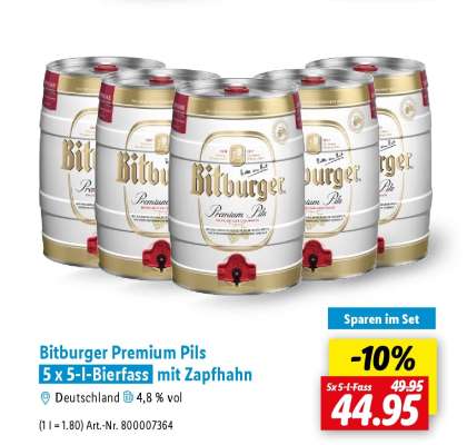 Bitburger Premium Pils 5 x 5-l-Bierfass mit Zapfhahn