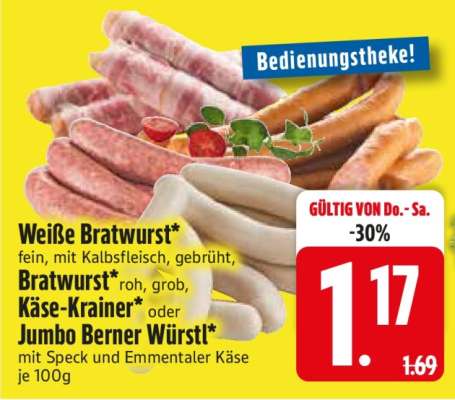 Weiße Bratwurst, Bratwurst, Käse-Krainer oder Jumbo Berner Würstl