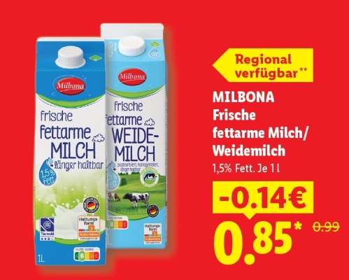 Milbona Frische fettarme Milch/Weidemilch
