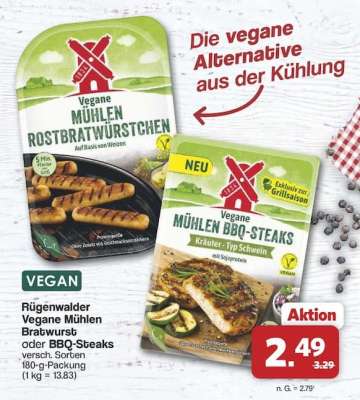 Rügenwalder Vegane Mühlen Bratwurst oder BBQ-Steaks