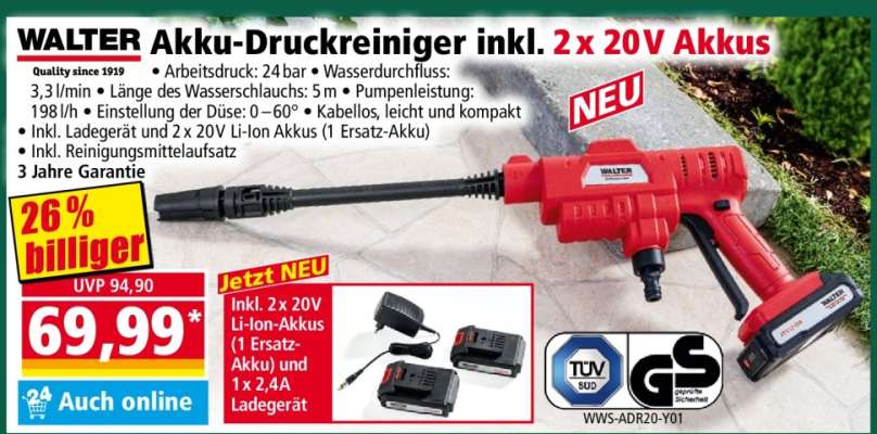 WALTER Akku-Druckreiniger inkl. 2 x 20V Akkus