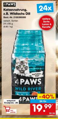 4PAWS Katzennahrung, z.B. Wildlachs Dill