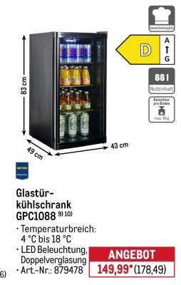 Glastürkühlschrank GPC1088