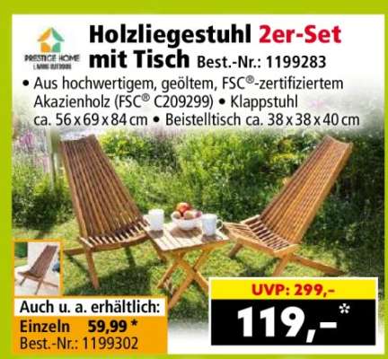 Holzliegestuhl 2er-Set mit Tisch