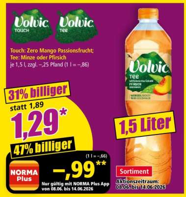 Volvic Touch: Zero Mango Passionsfrucht; Tee: Minze oder Pfirsich