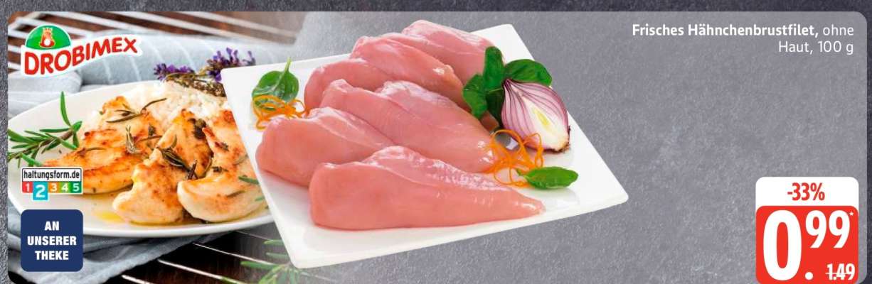 Frisches Hähnchenbrustfilet, ohne Haut, 100 g