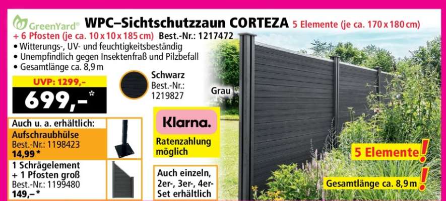 WPC-Sichtschutzzaun CORTEZA 5 Elemente (je ca. 170 x 180 cm)
