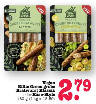 Vegan Billie Green grobe Bratwurst Klassik oder Käse-Style