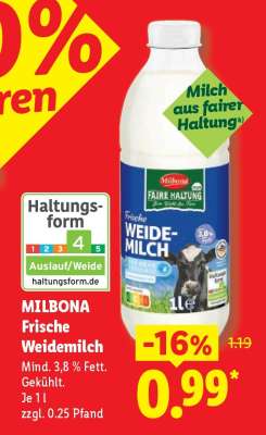 Milbona Frische Weidemilch