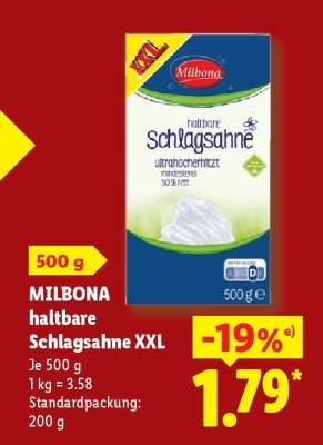 Milbona Haltbare Schlagsahne XXL