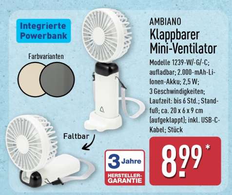 AMBIANO Klappbarer Mini-Ventilator