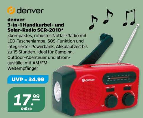 denver 3-in-1 Handkurbel- und Solar-Radio SCR-2010