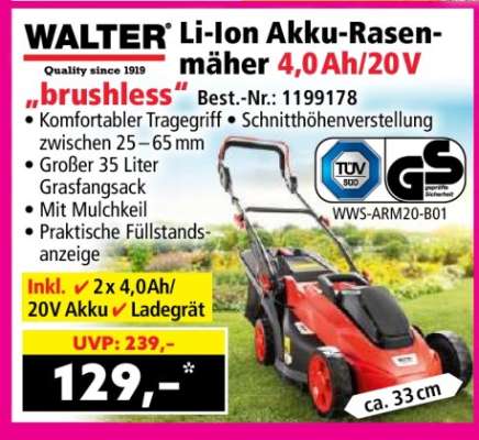 WALTER Li-Ion Akku-Rasenmäher 4,0Ah/20V