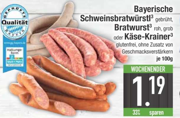 Bayerische Schweinsbratwürstl, Bratwurst, Käse-Krainer