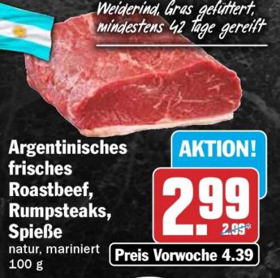 Argentinisches frisches Roastbeef, Rumpsteaks, Spieße