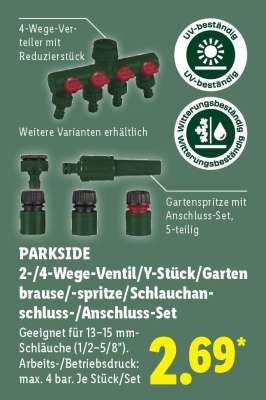 PARKSIDE 2-/4-Wege-Ventil/Y-Stück/Gartenbrause/-spritze/Schlauchanschluss-/Anschluss-Set