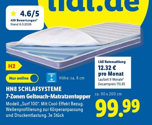 HN8 SCHLAFSYSTEME 7-Zonen Geltouch-Matratzentopper