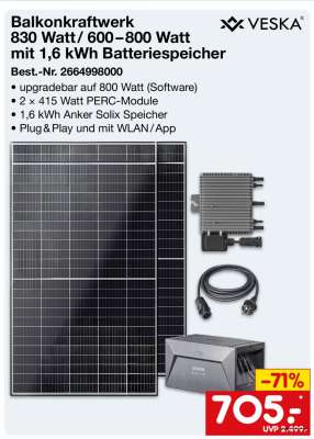 Balkonkraftwerk 830 Watt/ 600–800 Watt mit 1,6 kWh Batteriespeicher