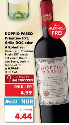 DOPPIO PASSO Primitivo IGT, Grillo DOC oder Alkoholfrei
