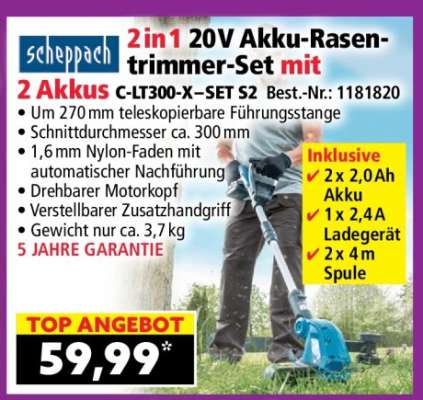 2in1 20V Akku-Rasentrimmer-Set mit 2 Akkus