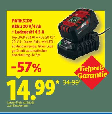 PARKSIDE Akku 20 V/4 Ah + Ladegerät 4,5 A