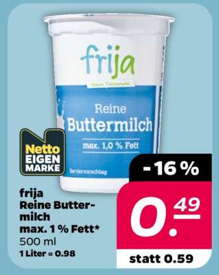 frija Reine Buttermilch max. 1% Fett