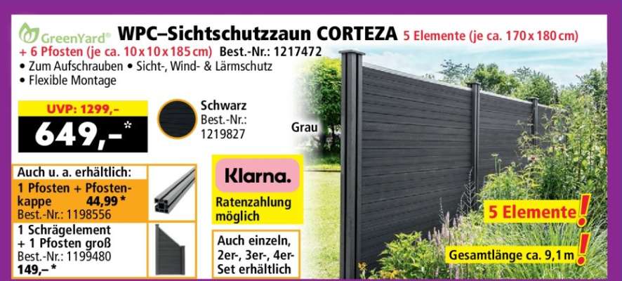 WPC-Sichtschutzzaun CORTEZA 5 Elemente (je ca. 170 x 180 cm)