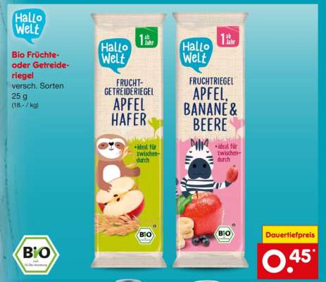 Bio Früchte- oder Getreideriegel